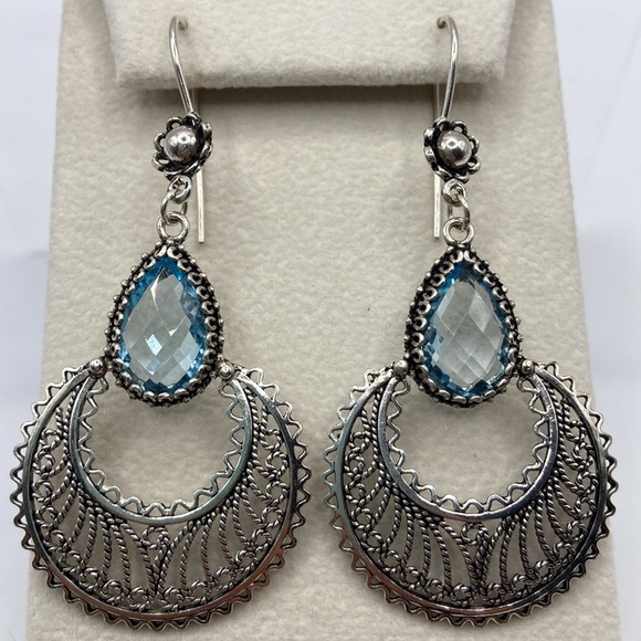 Handmade Jewelry - Hand Crafted Sterling Silver Blue Topaz Gemstone Earrings Pierced